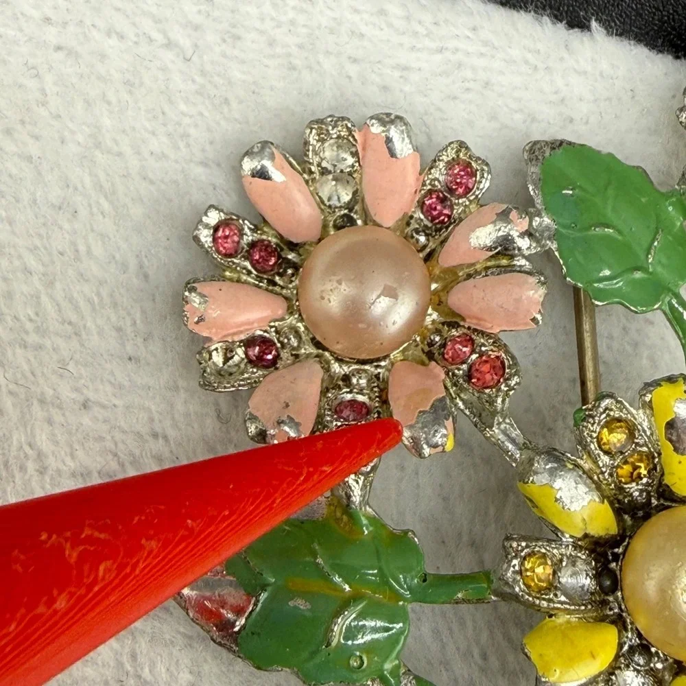 Vintage Rhinestone Flower Brooch Enamel Pastel Silver Tone Chippy READ